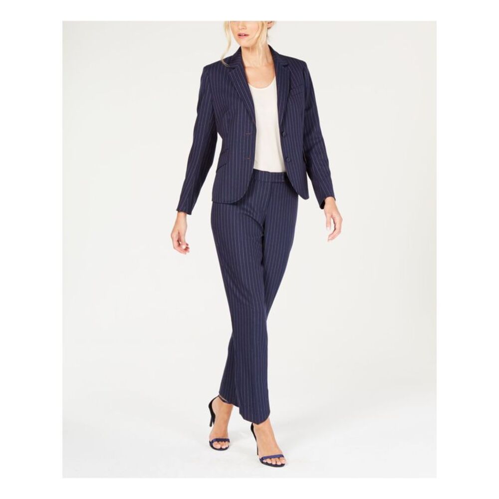 NWT ANNE KLEIN Womens Navy Pinstripe Long Sleeve Wear To Work Blazer Jacket 2